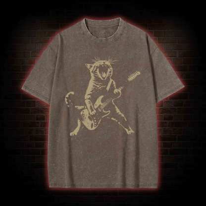 Rock Cat Playing Guitar Washed T-shirt