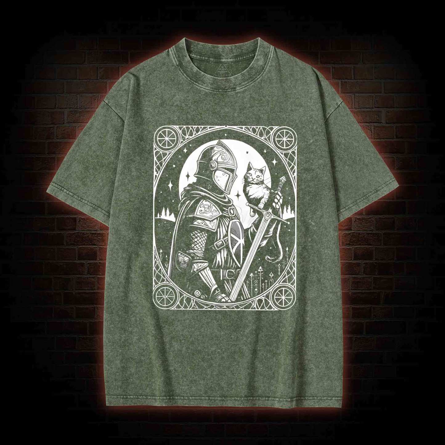 Knight Holding Cat Medieval Washed T-shirt