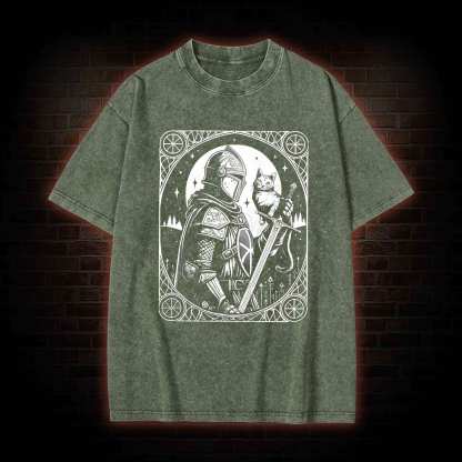 Knight Holding Cat Medieval Washed T-shirt