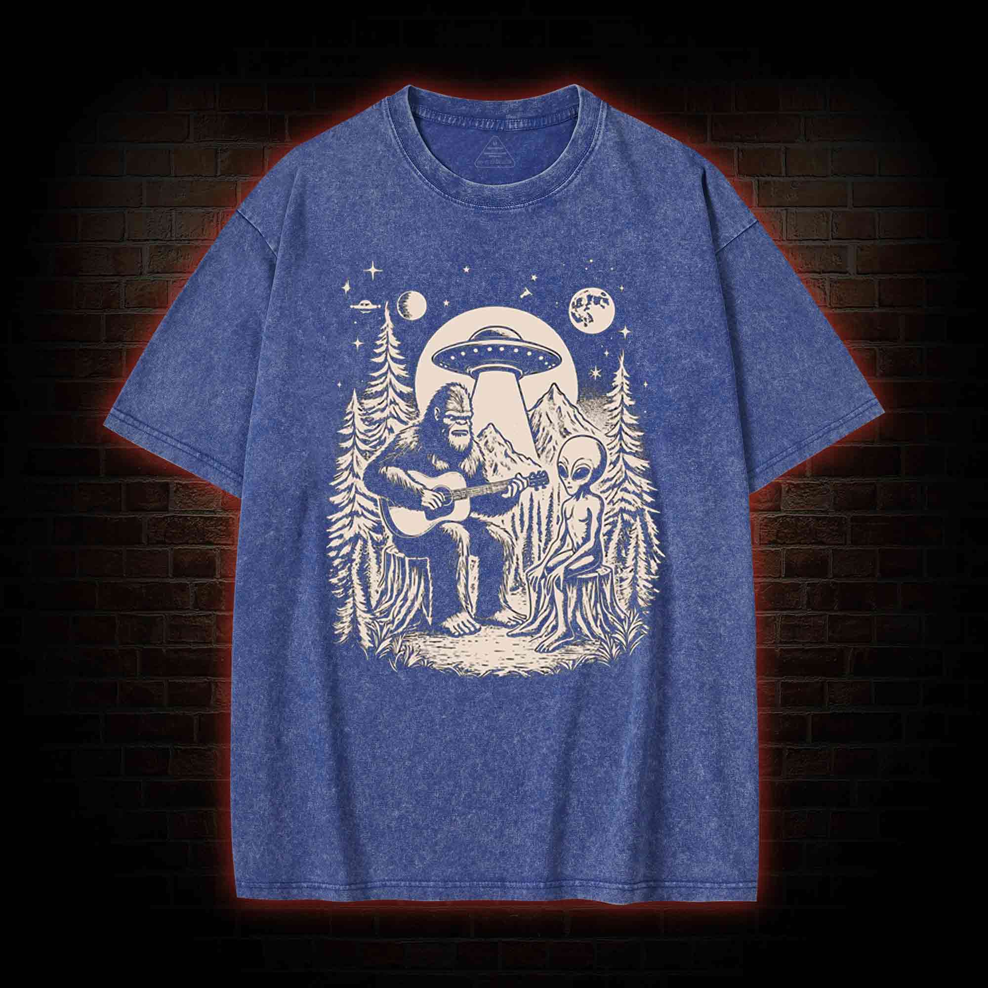 Bigfoot Playing Guitar With Alien and UFO Washed T-shirt