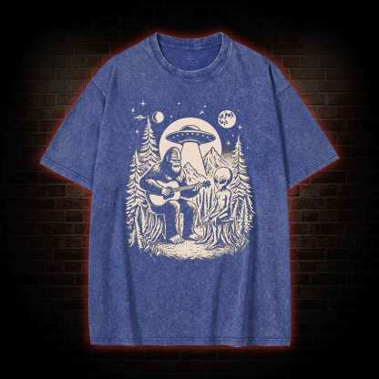 Bigfoot Playing Guitar With Alien and UFO Washed T-shirt