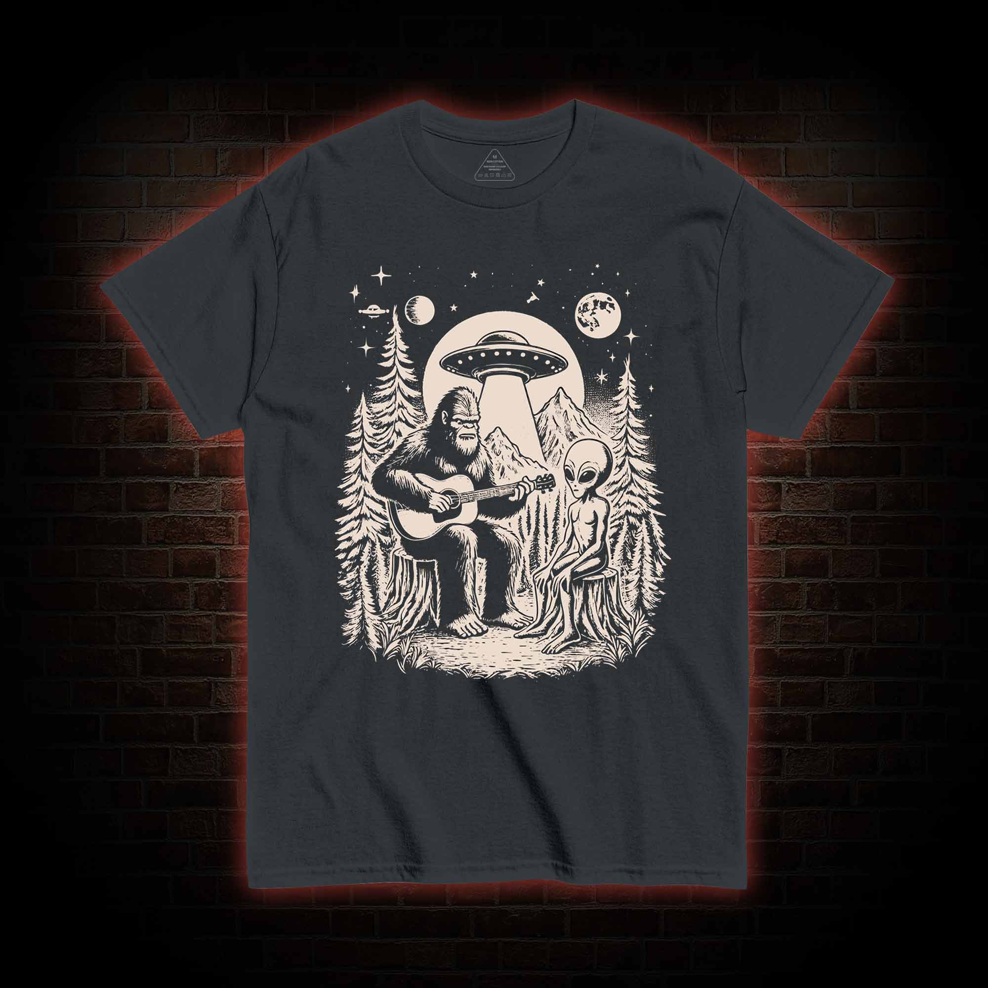 Bigfoot Playing Guitar With Alien and UFO T-Shirt 