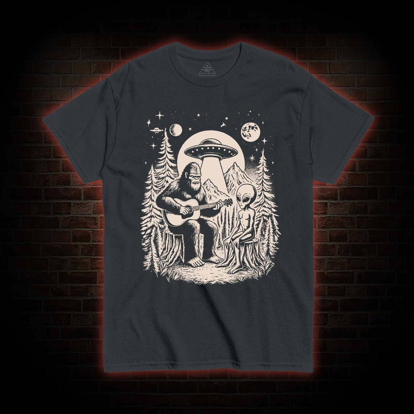 Bigfoot Playing Guitar With Alien and UFO T-Shirt 