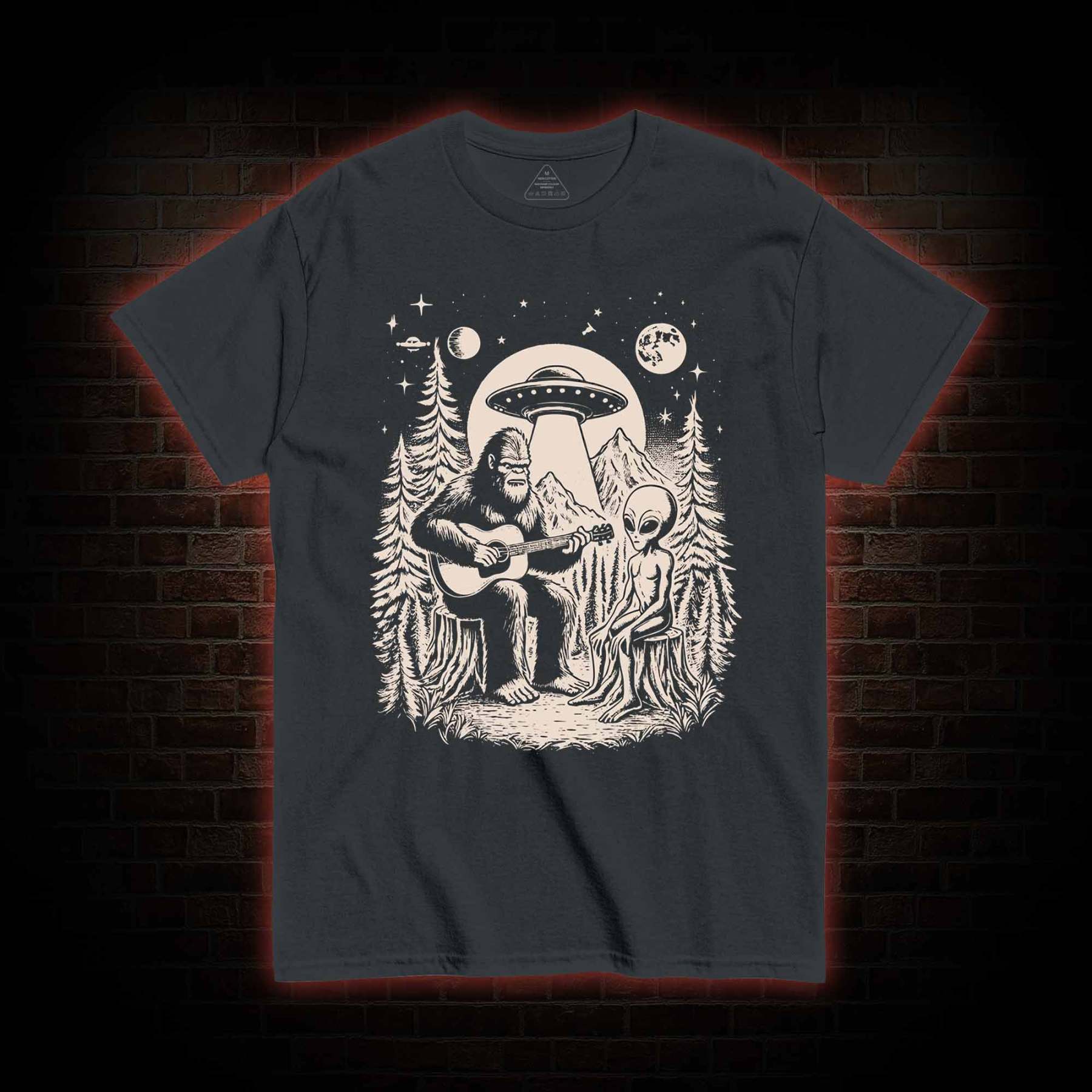 Bigfoot Playing Guitar With Alien and UFO T-Shirt 