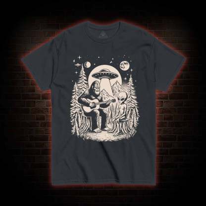 Bigfoot Playing Guitar With Alien and UFO T-Shirt 