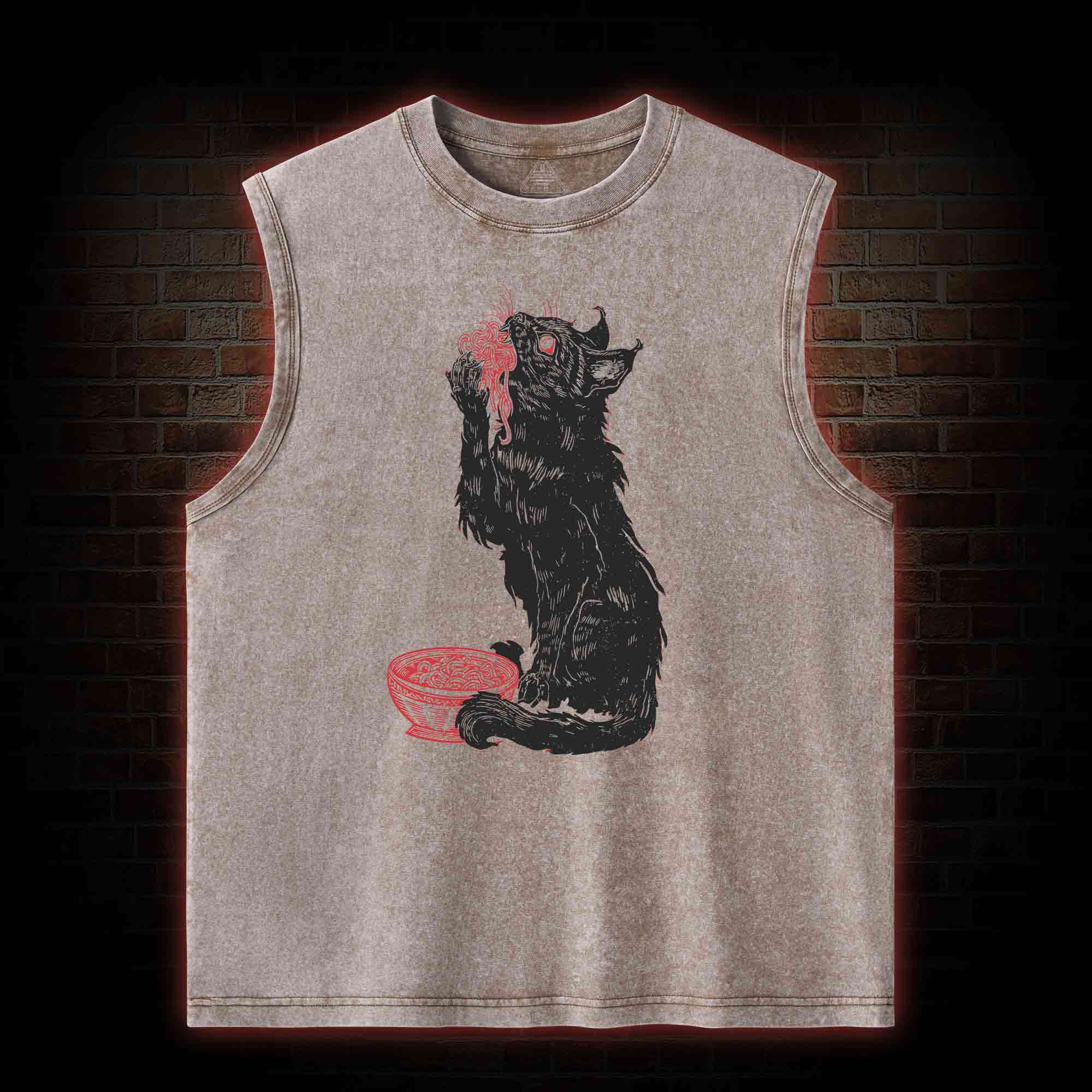 Cat Eating Noodles Washed Tank Top