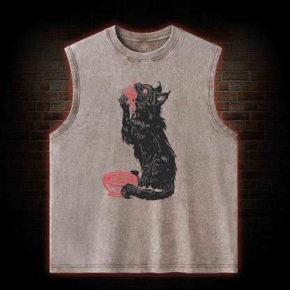 Cat Eating Noodles Washed Tank Top