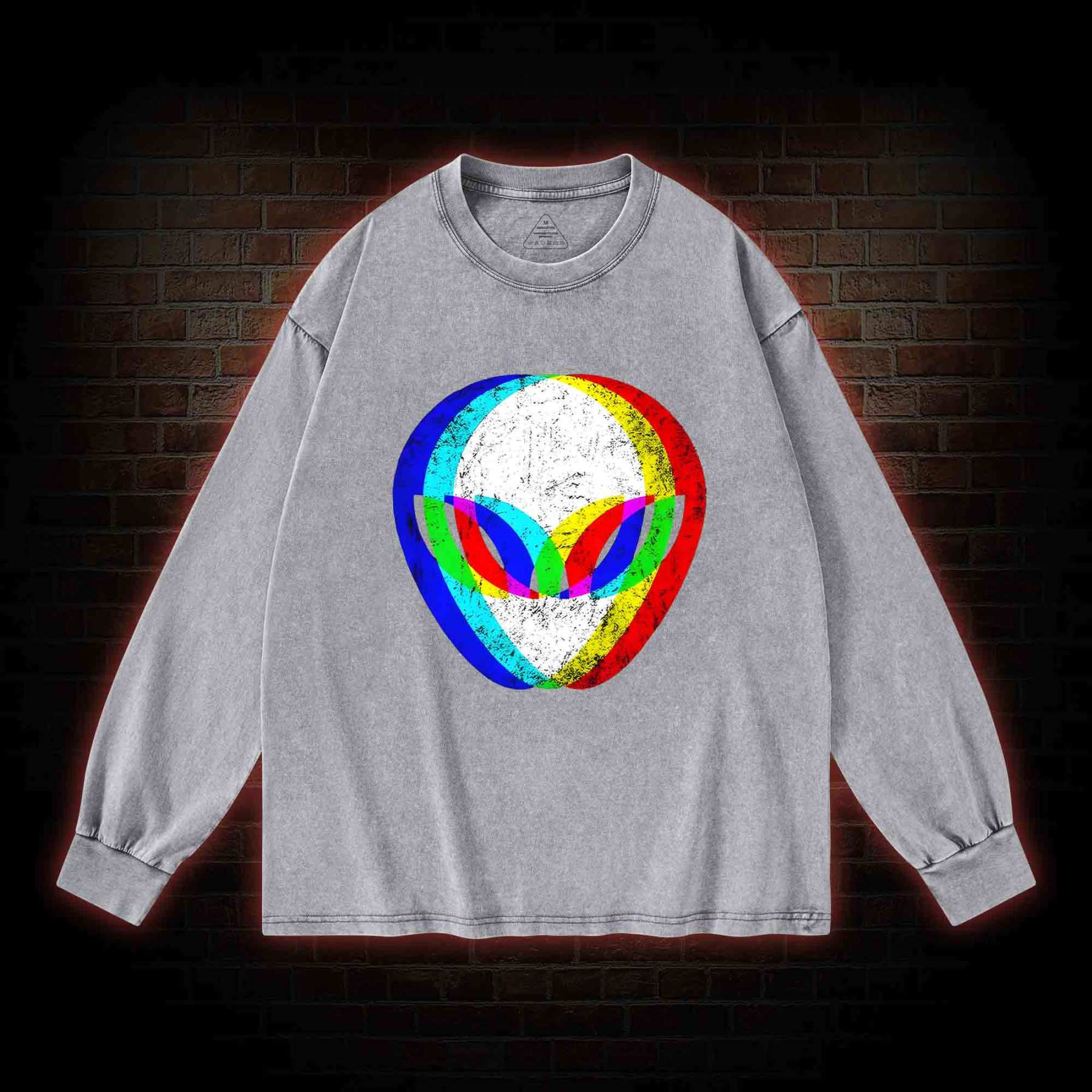 Alien Head Trippy Washed Long-Sleeve T-shirt