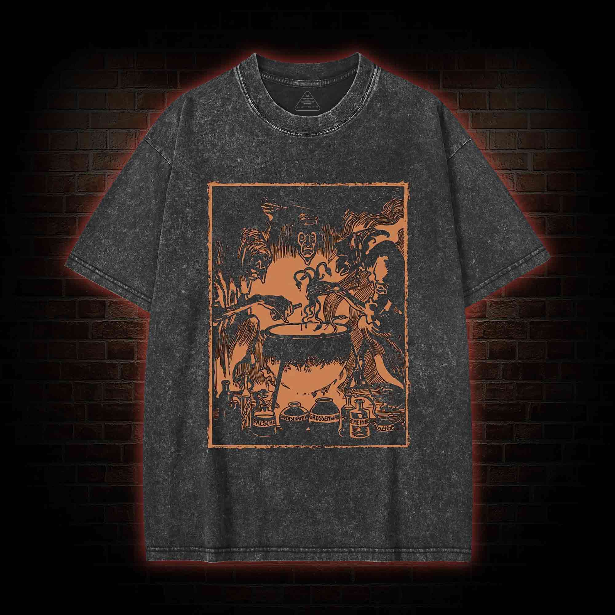 Three Witches Around Cauldron Washed T-shirt