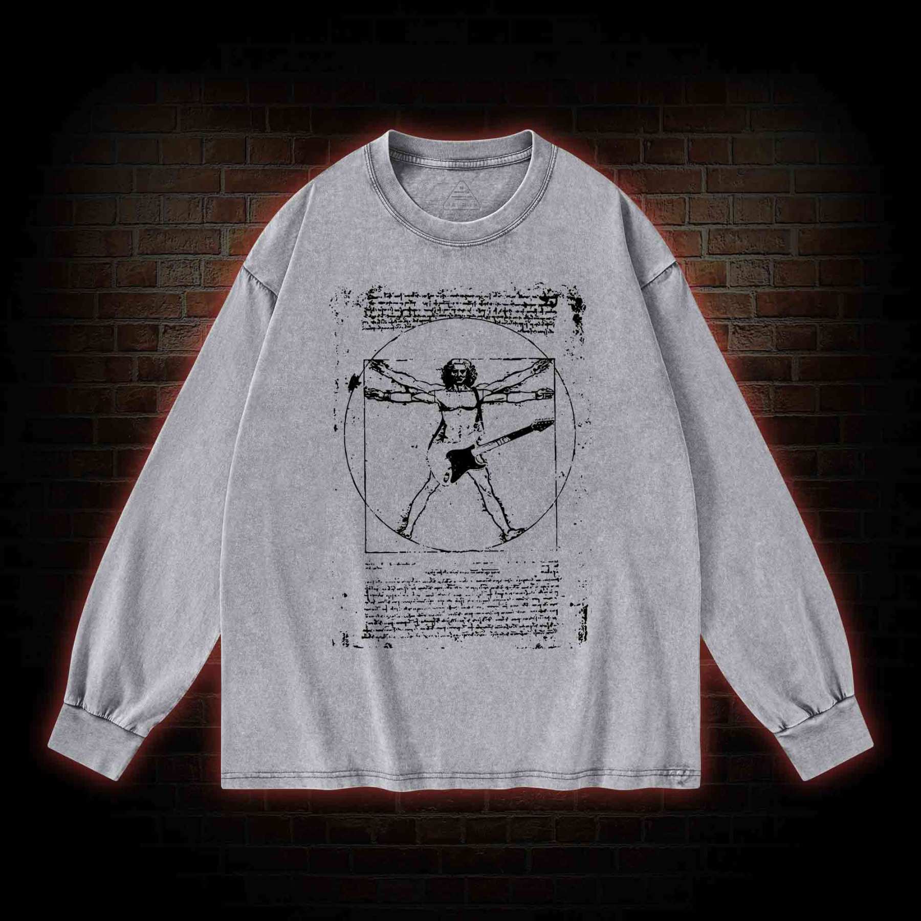 Vitruvian Man Guitar Music Player Washed Long-Sleeve T-shirt