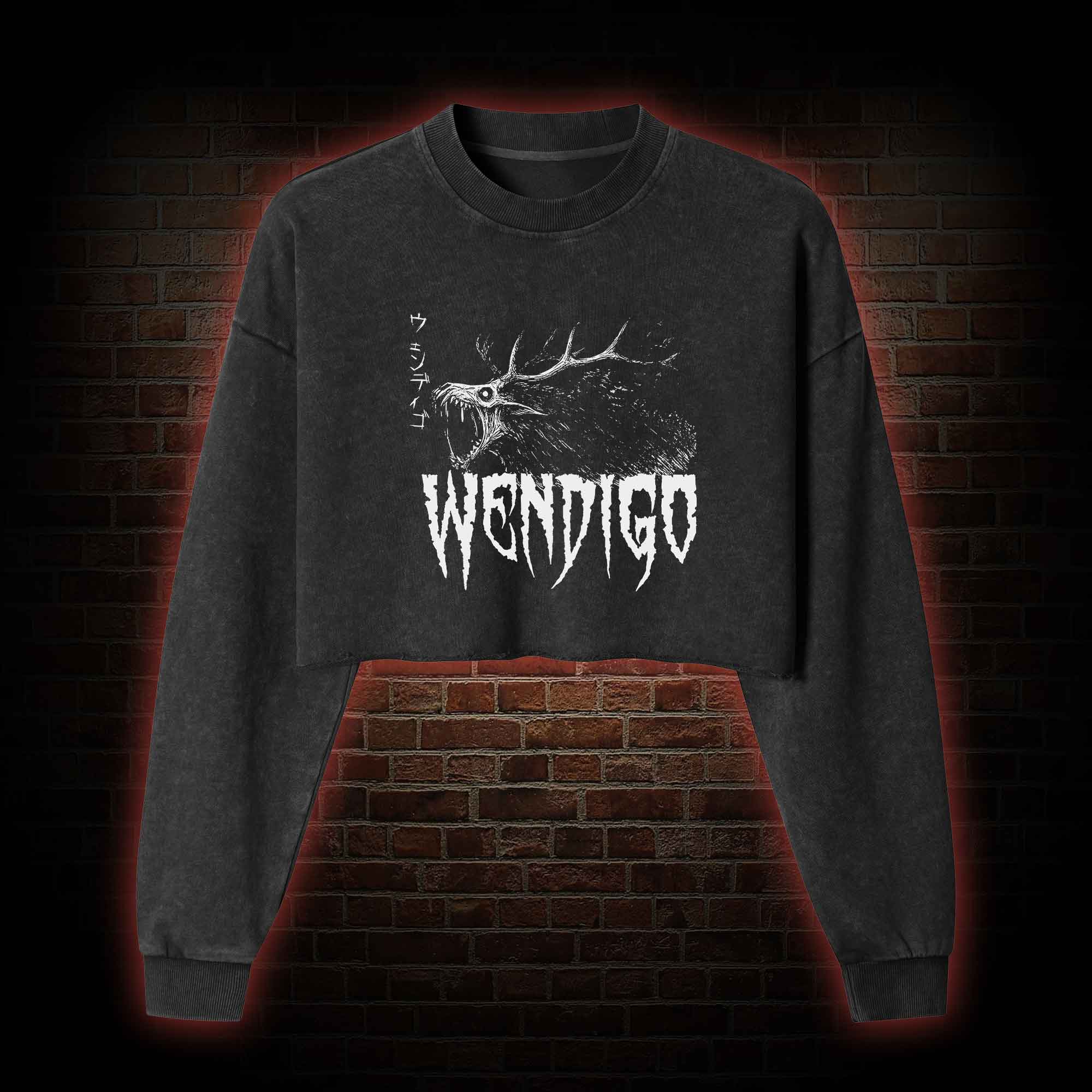 Wendigo Scary Monster Washed Cropped Sweatshirts
