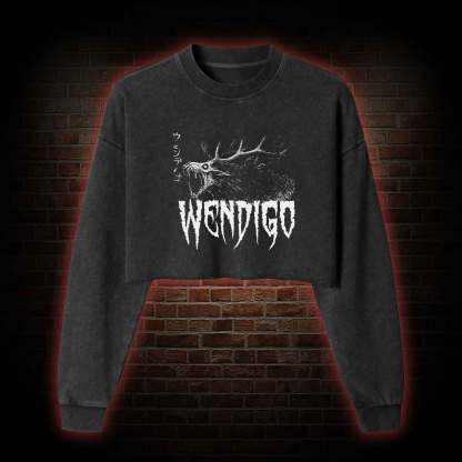 Wendigo Scary Monster Washed Cropped Sweatshirts