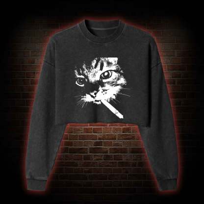 Funny Cat Meme Washed Cropped Sweatshirts