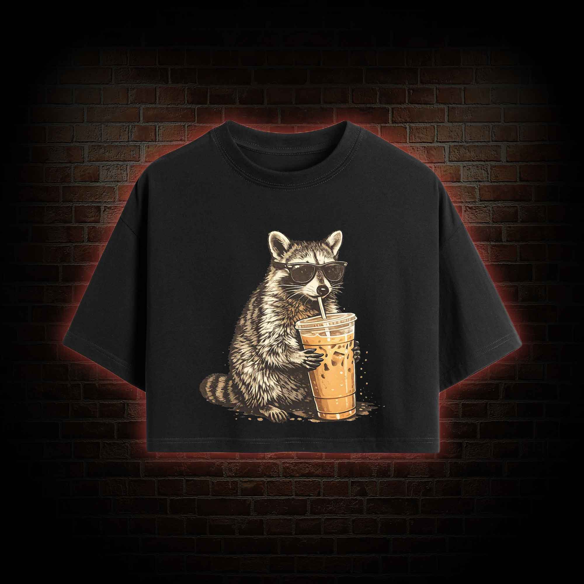 Raccoon Drinking Iced Coffee Crop Top