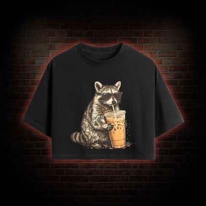Raccoon Drinking Iced Coffee Crop Top