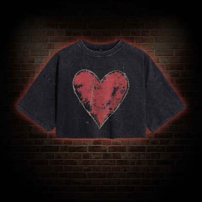 Distressed Heart Washed Cropped T-shirts