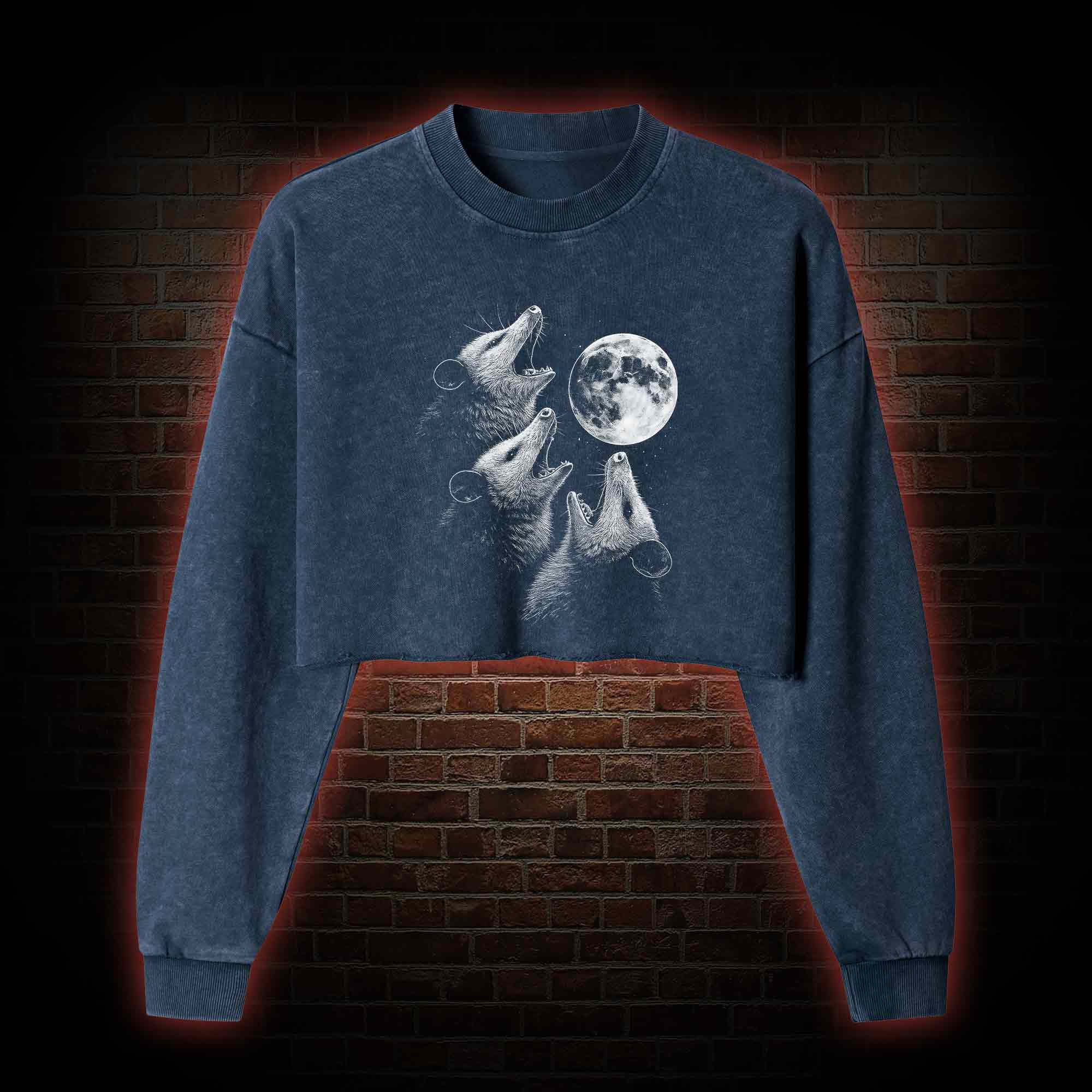Possums Howling to Moon Washed Cropped Sweatshirts