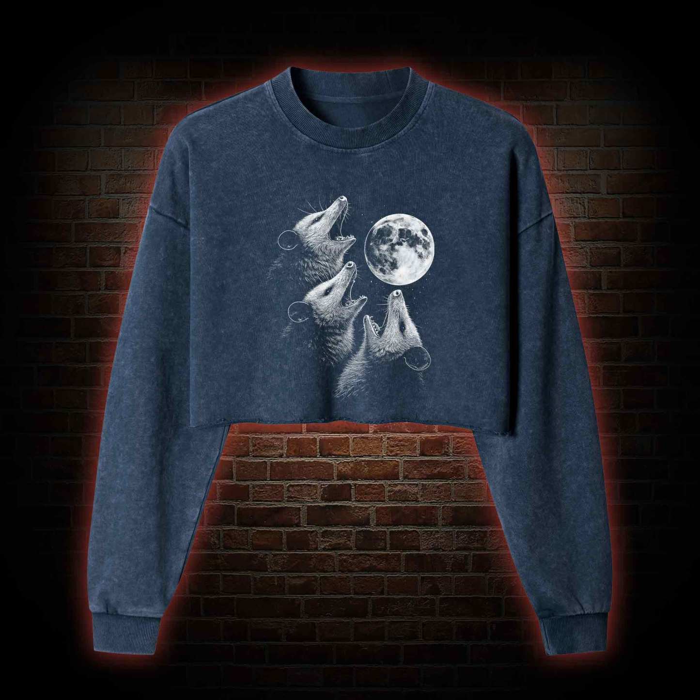 Possums Howling to Moon Washed Cropped Sweatshirts