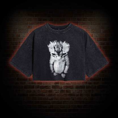 Sad Kitten Washed Cropped T-shirts