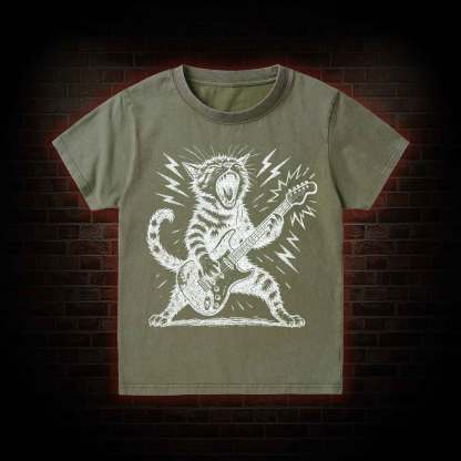 Rock and Roll Cat Kid Washed T-Shirt
