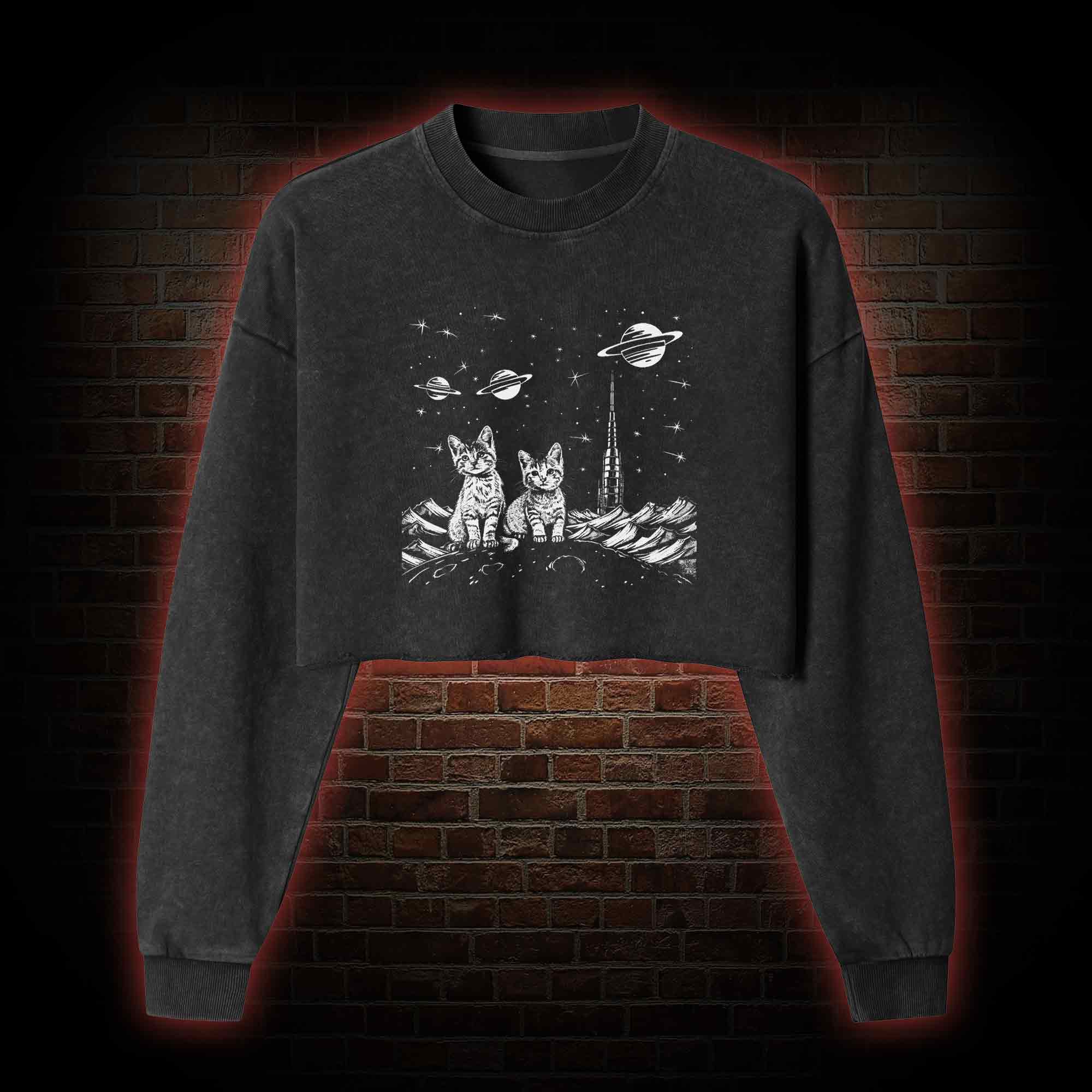 Space Kittens Washed Cropped Sweatshirts
