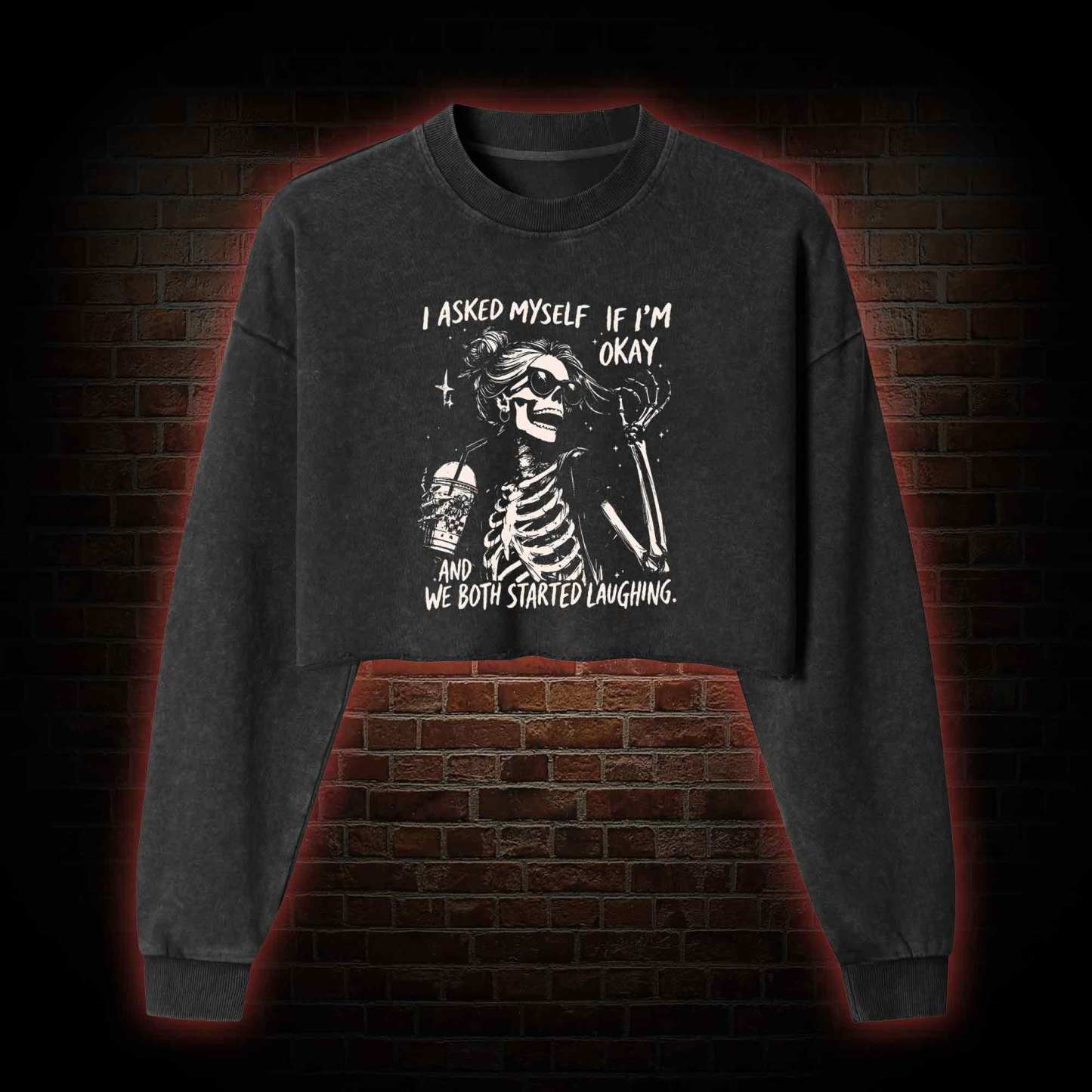 I Asked Myself If I'm Okay Washed Cropped Sweatshirts