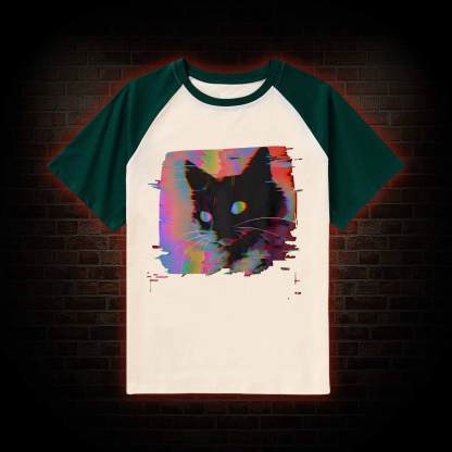 Psychedelic Weirdcore Cat Raglan T-shirt