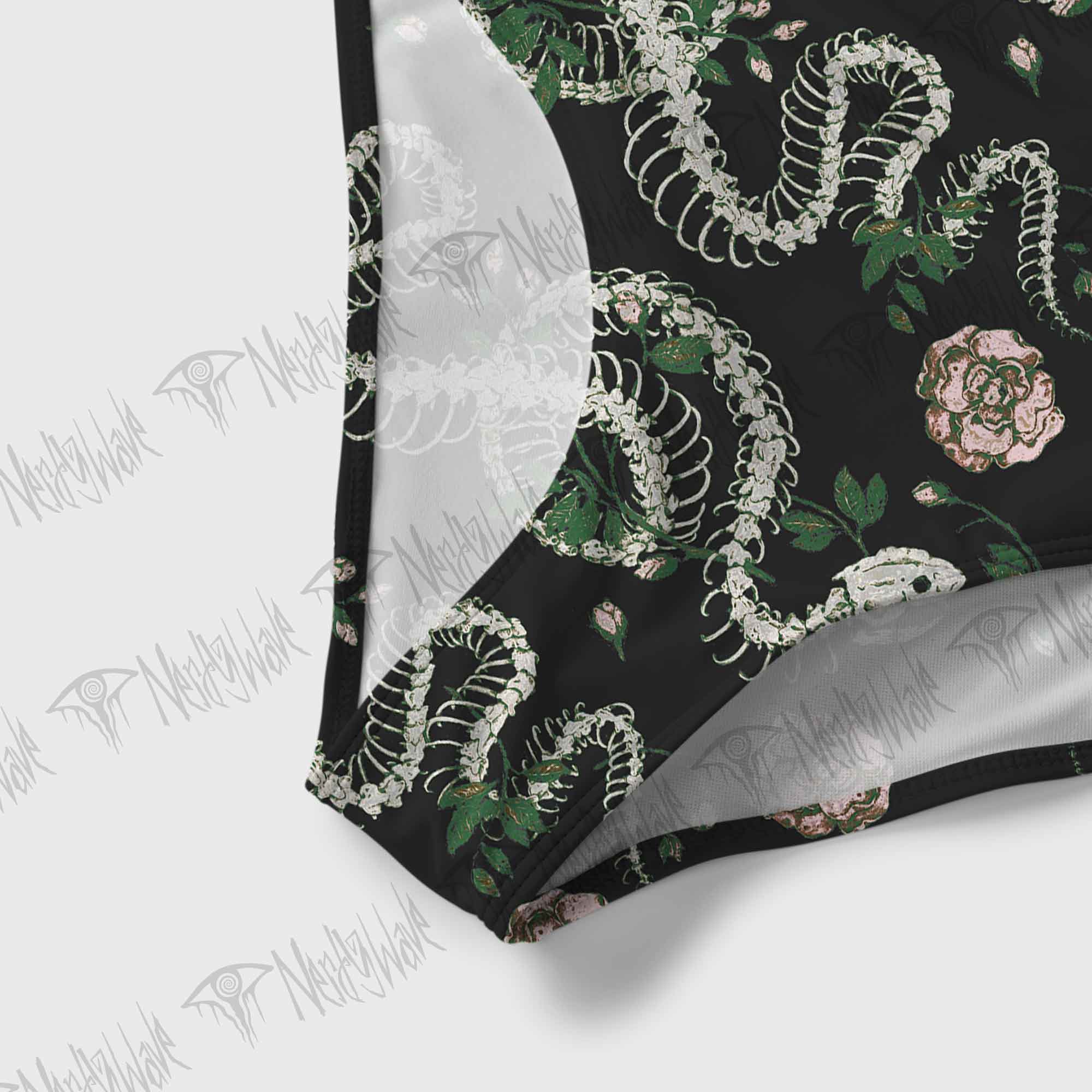 Flowers and Snake Skeleton Slim-Strap Swimsuit