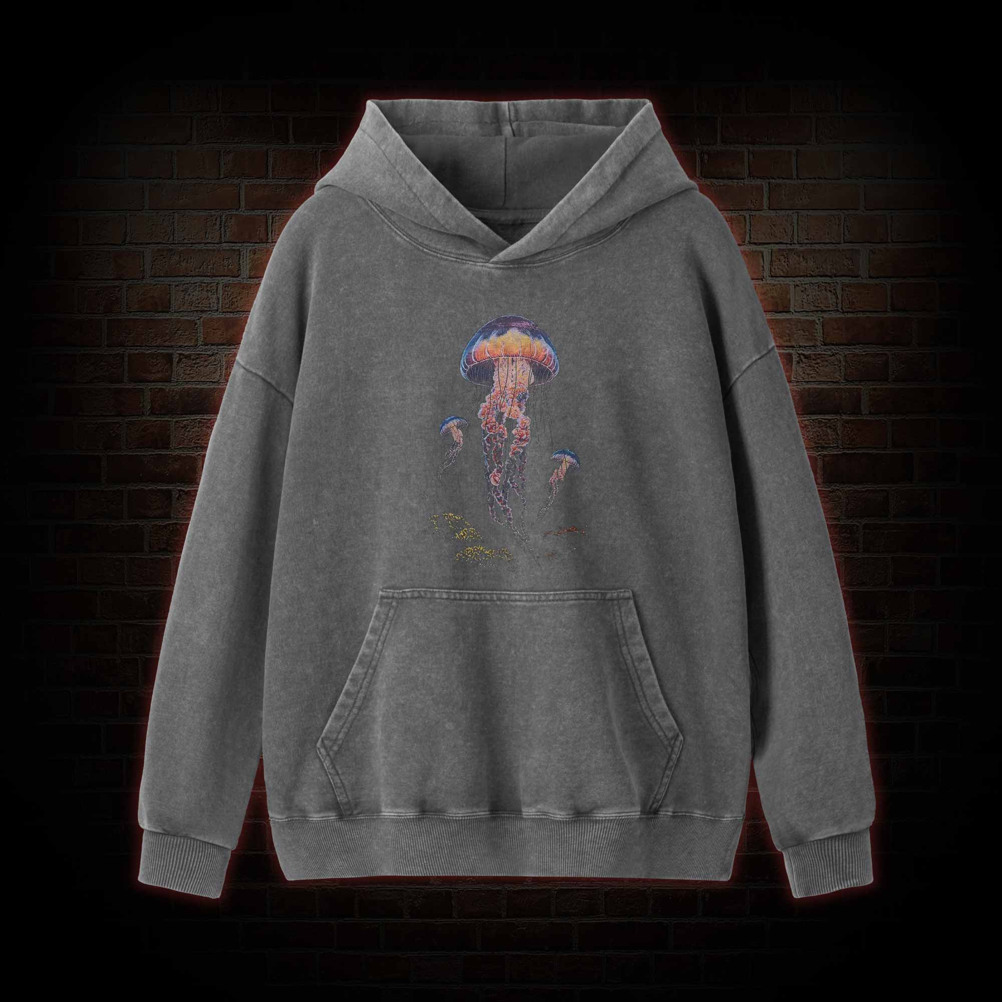 Vintage Jellyfish Dark Ocean Grunge Washed Hoodie