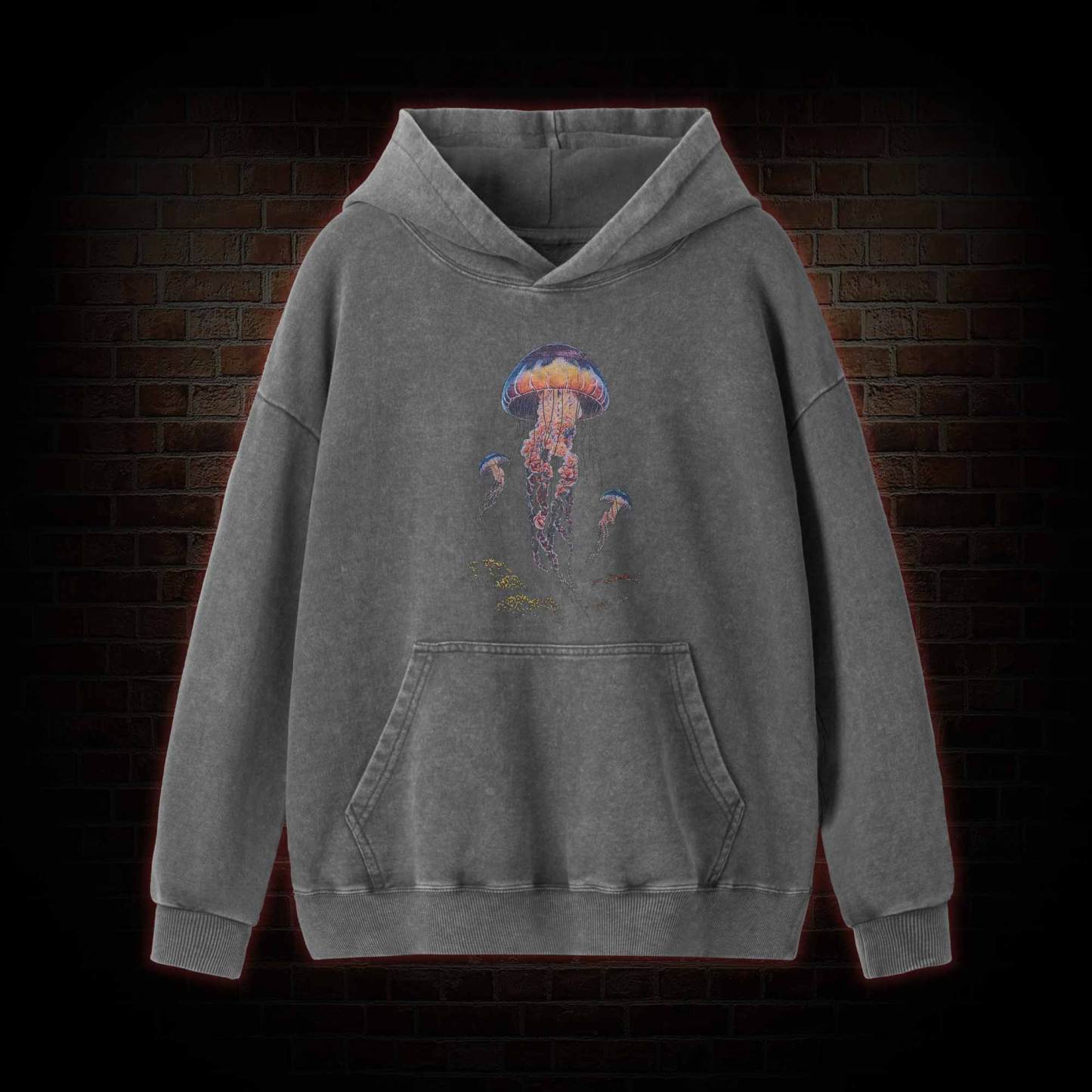 Vintage Jellyfish Dark Ocean Grunge Washed Hoodie