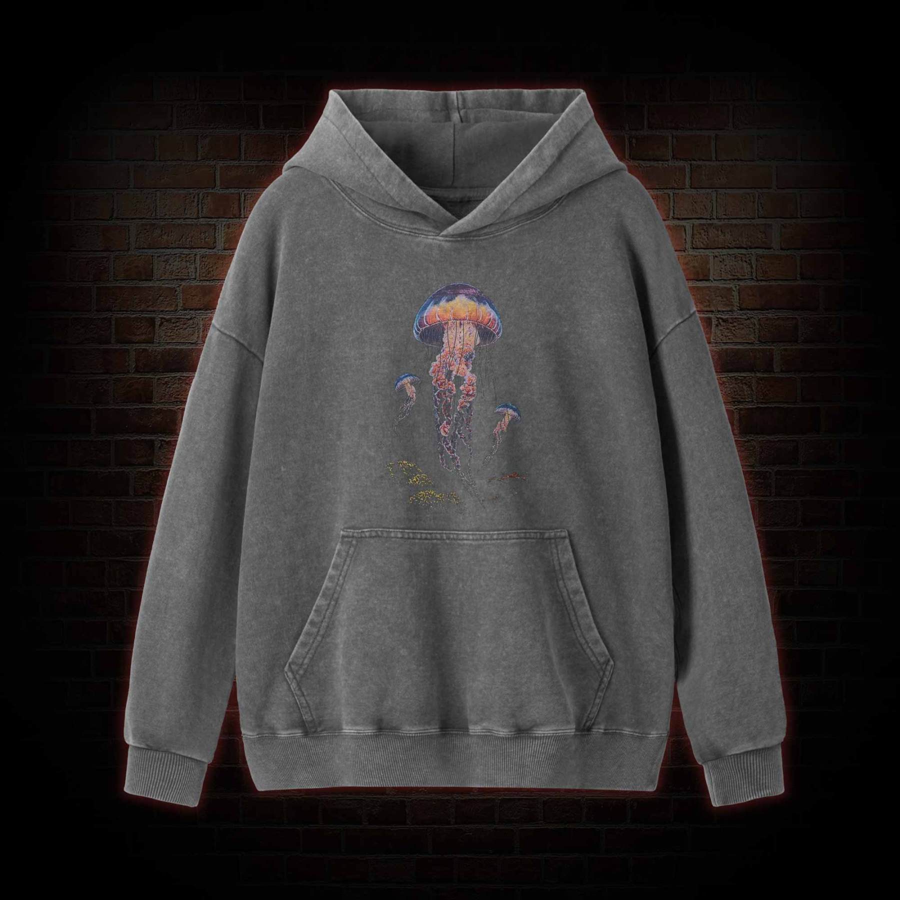 Vintage Jellyfish Dark Ocean Grunge Washed Hoodie