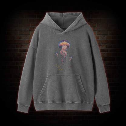 Vintage Jellyfish Dark Ocean Grunge Washed Hoodie