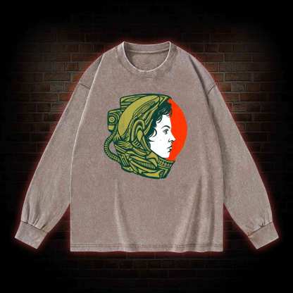Retro Style Alien Washed Long-Sleeve T-shirt
