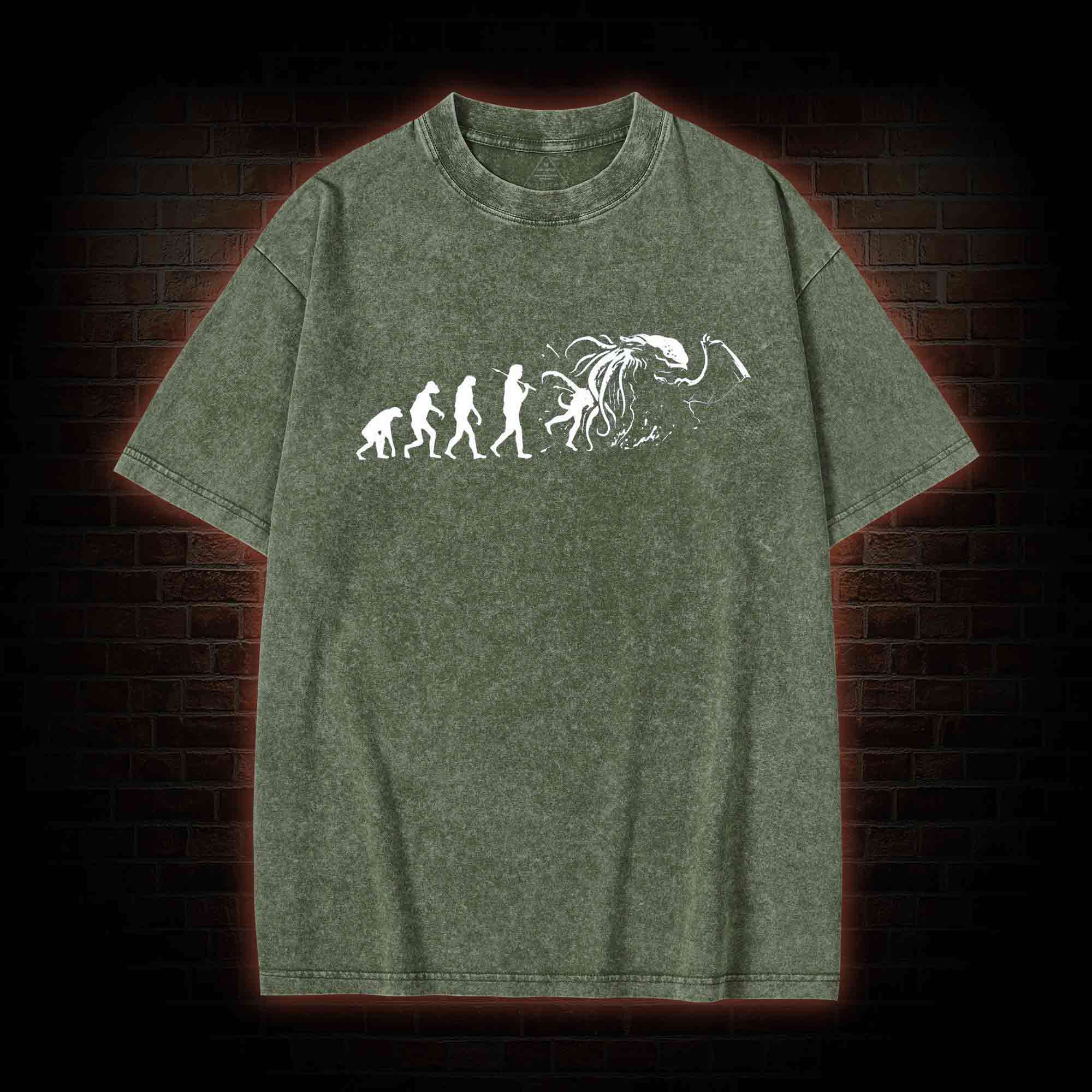 Mens Evolution of Cthulhu Funny Parody Washed T-shirt