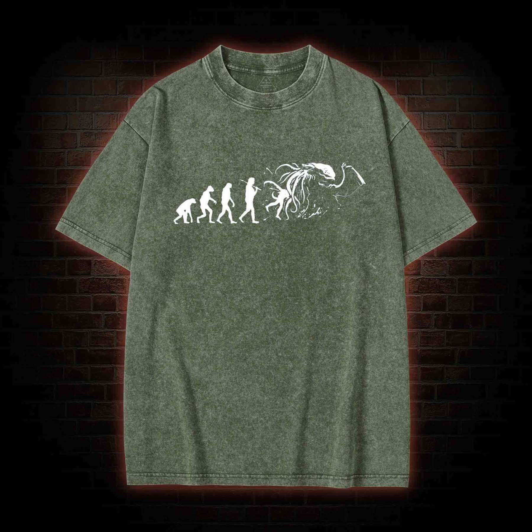 Mens Evolution of Cthulhu Funny Parody Washed T-shirt