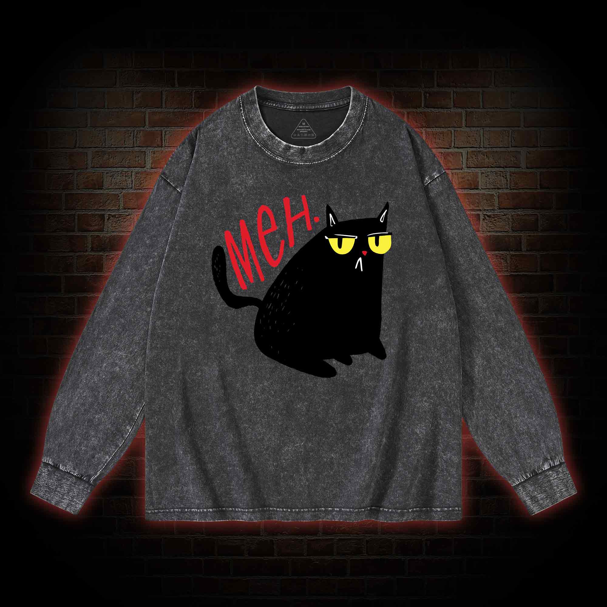 Meh Black Cat Washed Long-Sleeve T-shirt