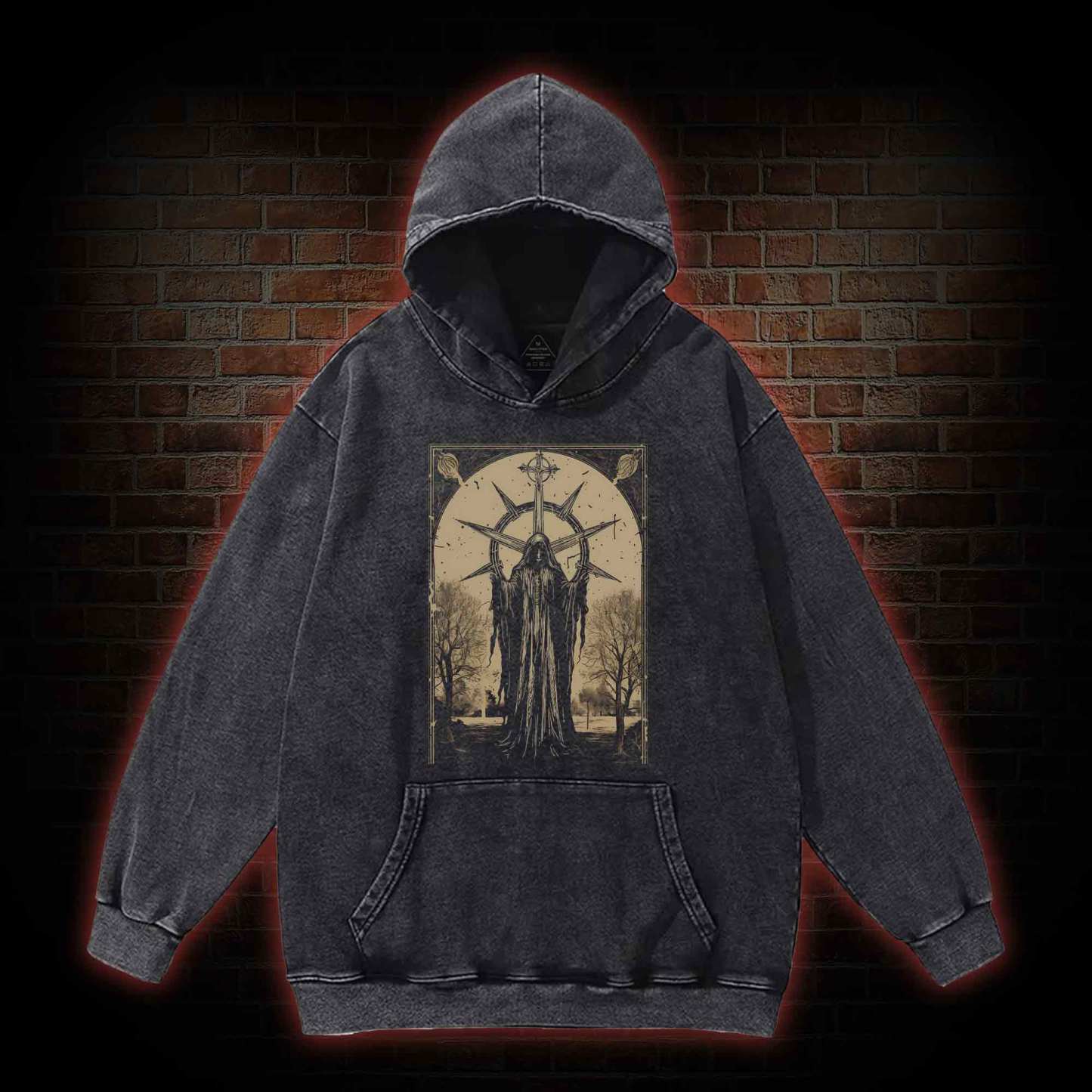 Death in Cloak Tarot Card Washed Hoodie with Dark Style