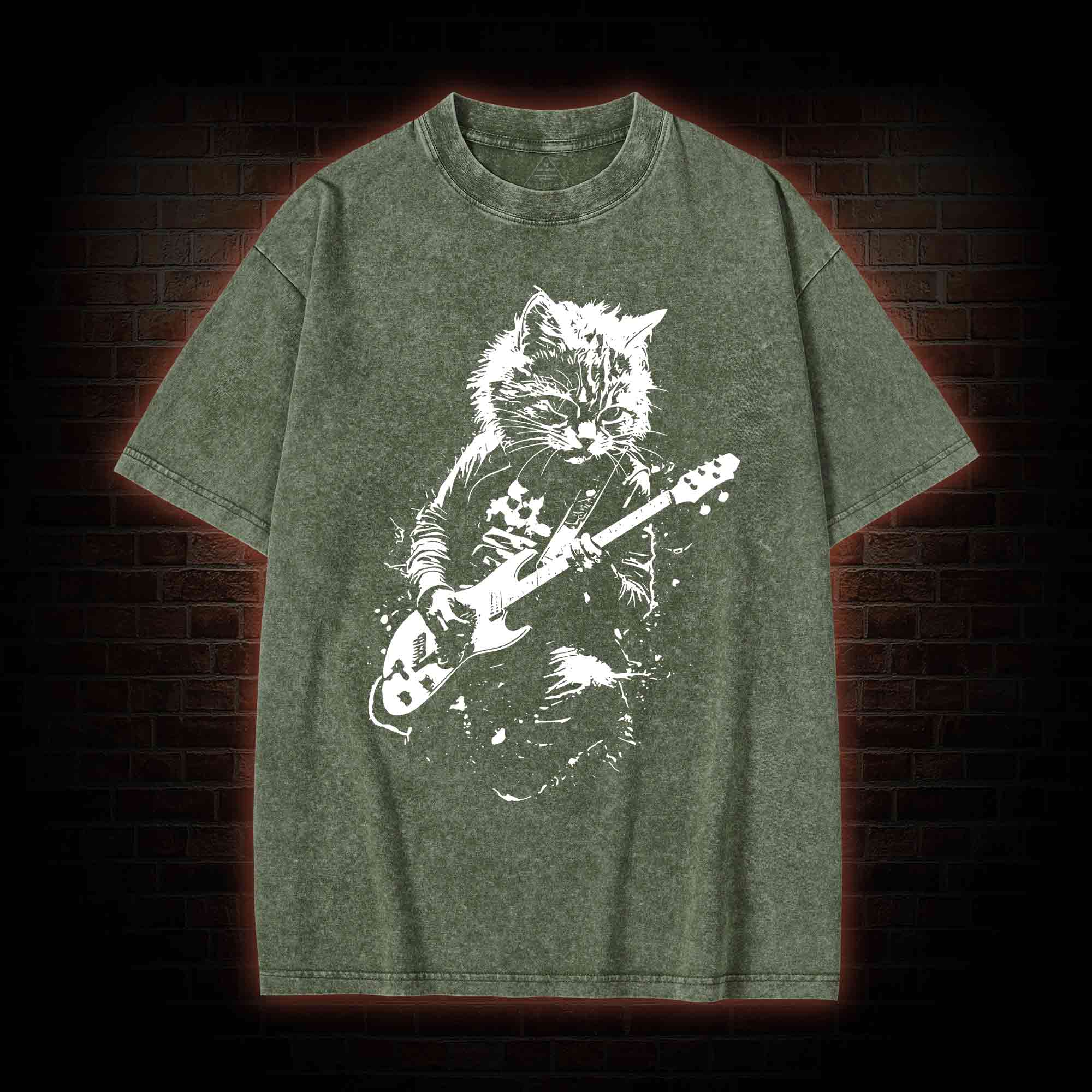 Rock Cat Playing Guitar Washed T-shirt
