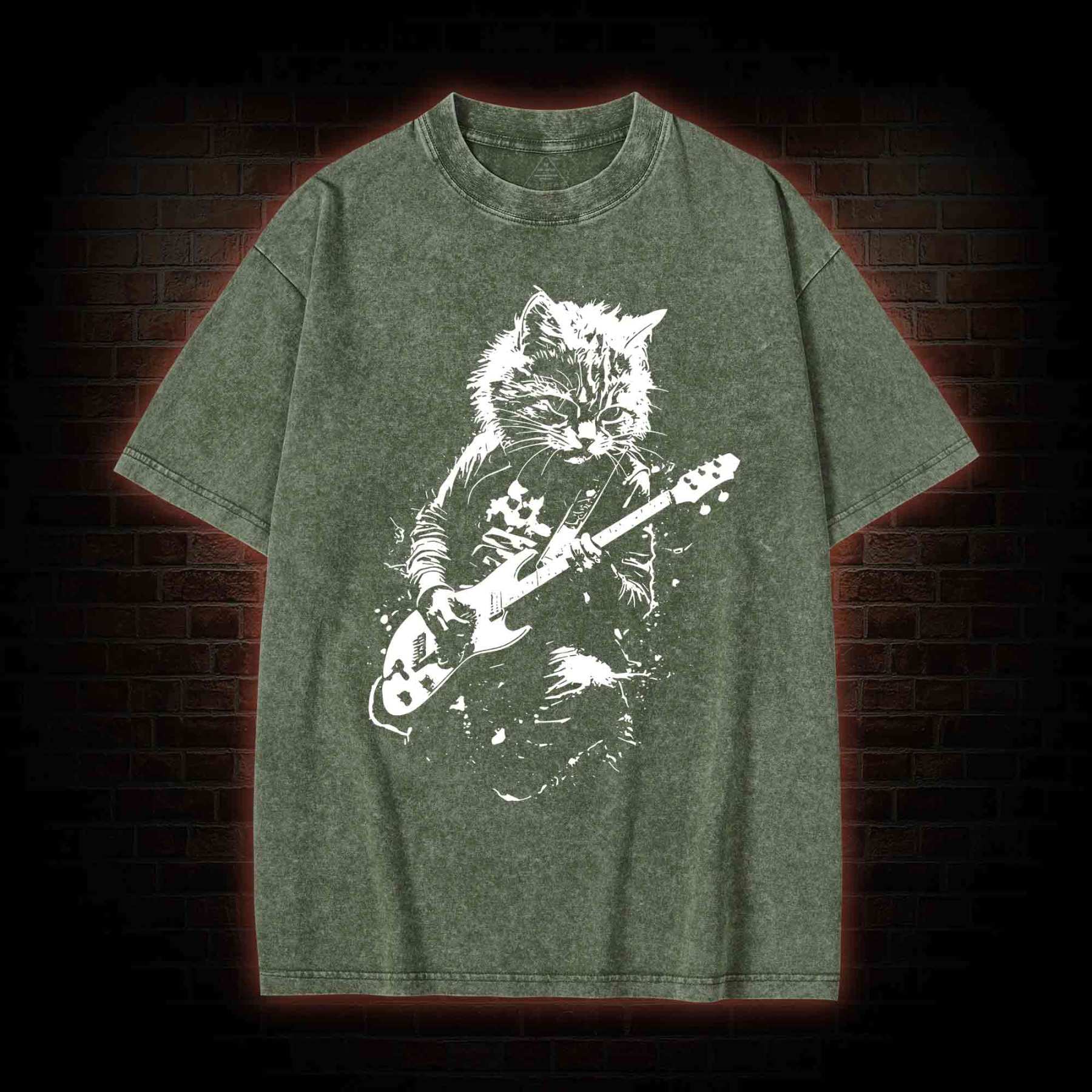 Rock Cat Playing Guitar Washed T-shirt