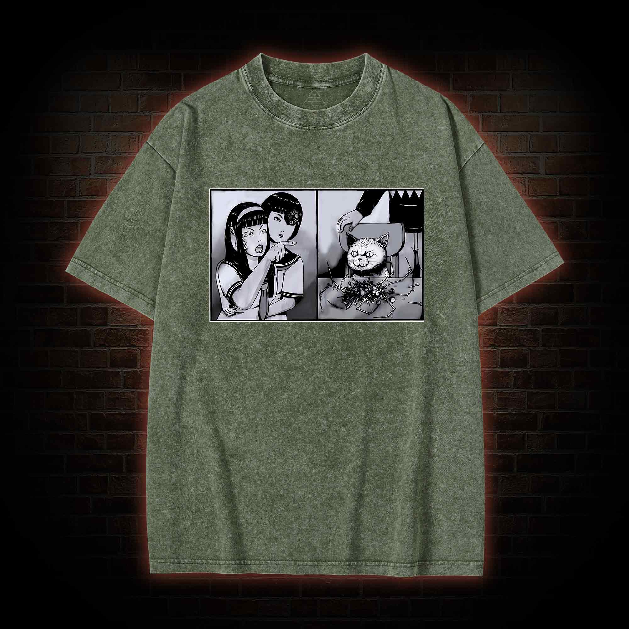 Girl Yelling at a Creepy Cat Washed T-shirt