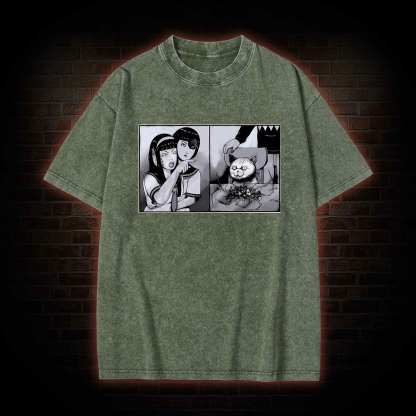 Girl Yelling at a Creepy Cat Washed T-shirt