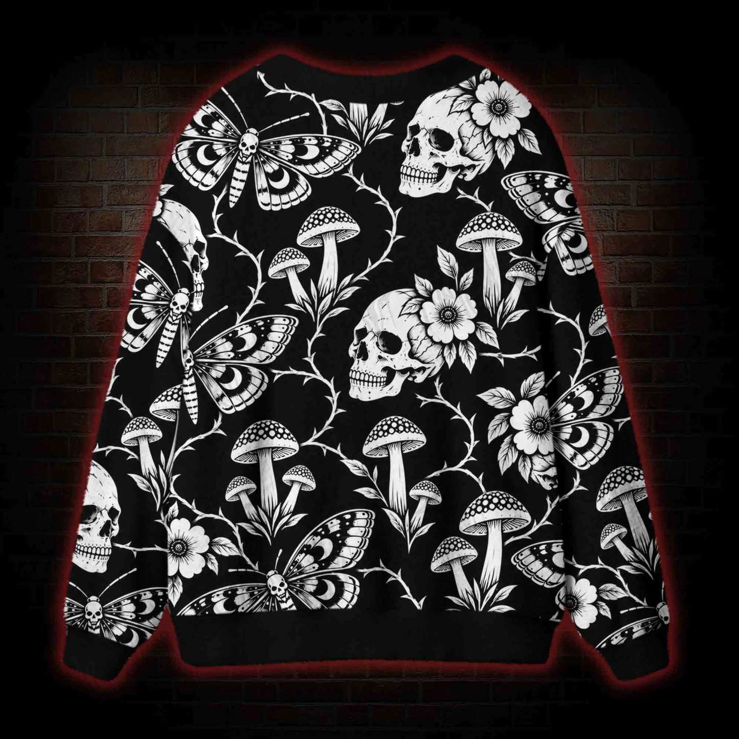 Gothic Skull and Mushroom Cardigan Sweater
