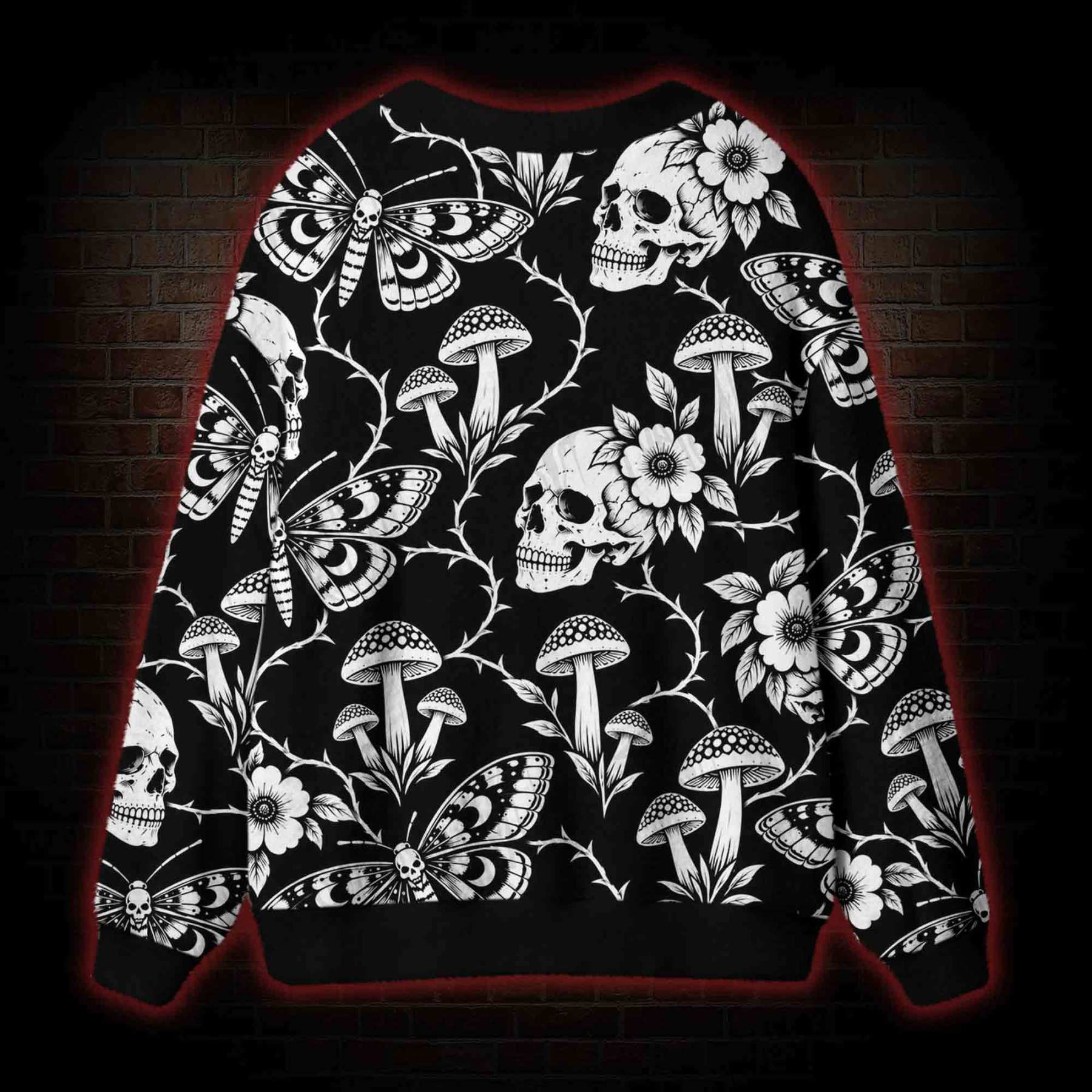 Gothic Skull and Mushroom Cardigan Sweater