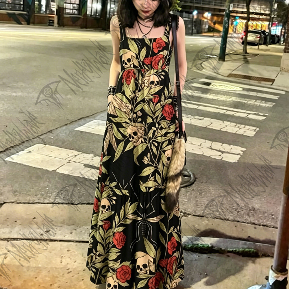 Skull and Flying Fish Wide Straps Maxi Dress