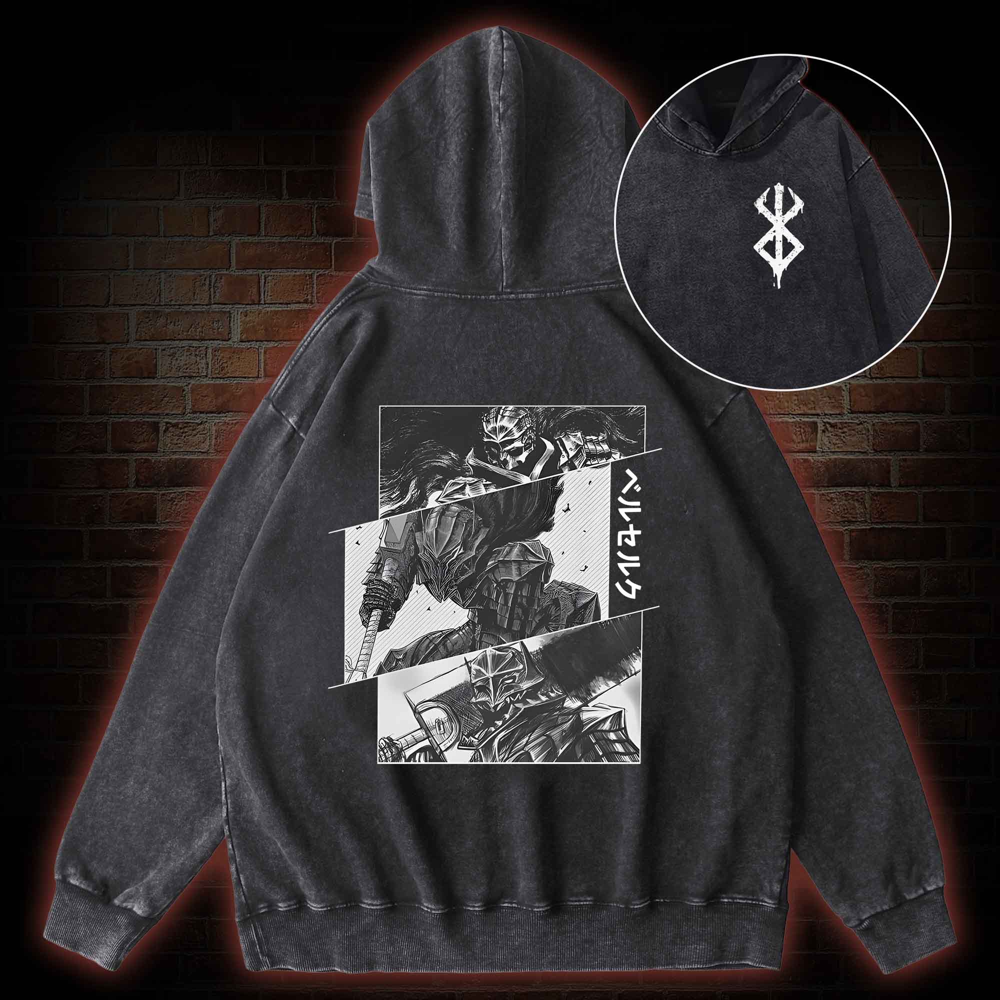 Black Swordsman Back Print Washed Hoodie