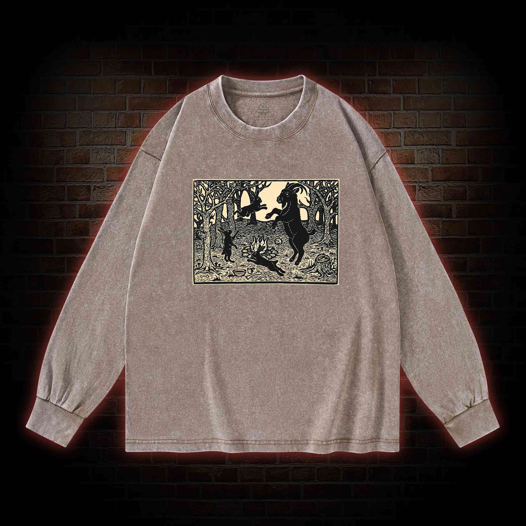 Woodland Rites Black Philip Woodcut Washed Long-Sleeve T-shirt