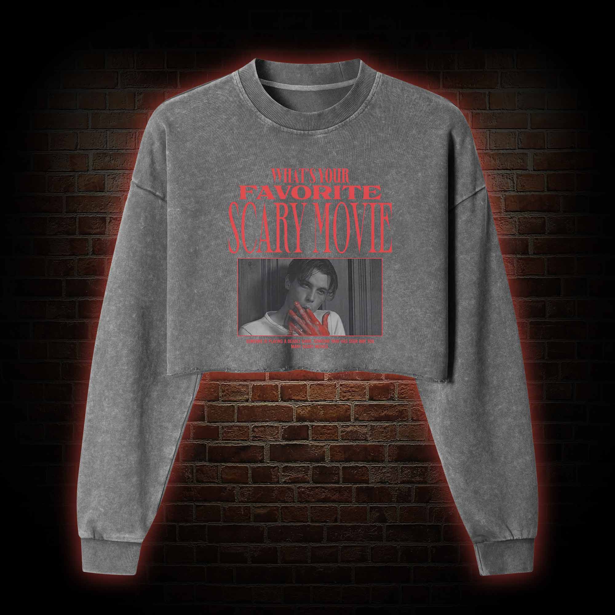 What's Your Favorite Scary Movie Washed Cropped Sweatshirts
