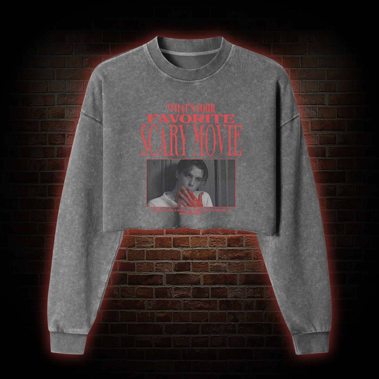 What's Your Favorite Scary Movie Washed Cropped Sweatshirts