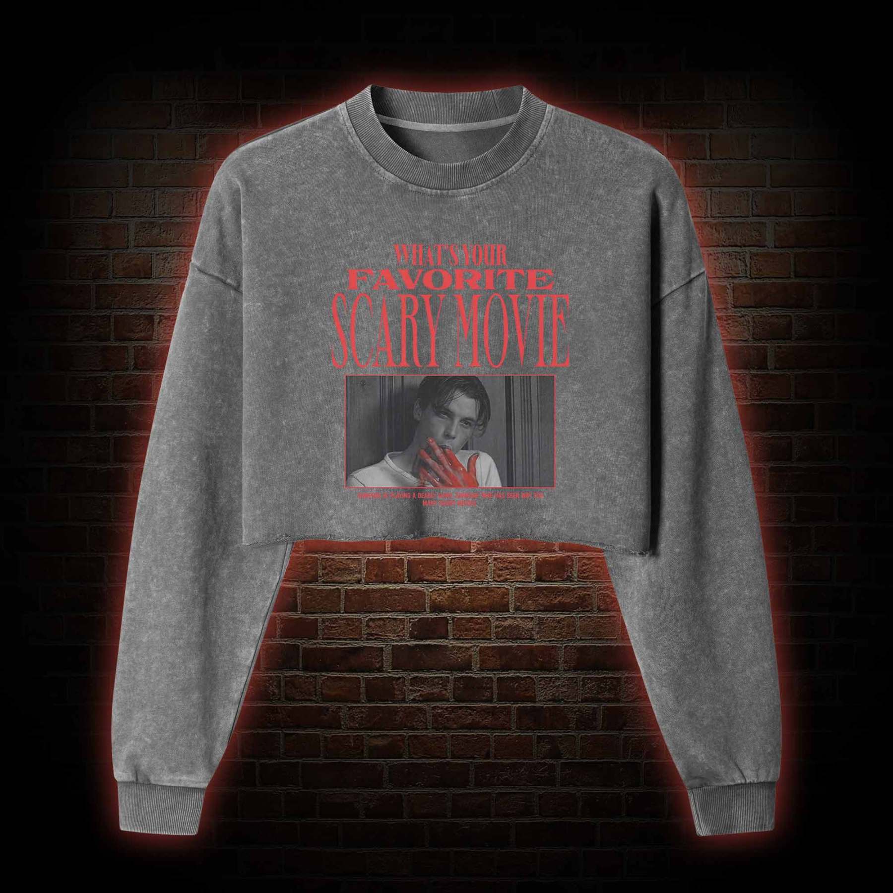 What's Your Favorite Scary Movie Washed Cropped Sweatshirts