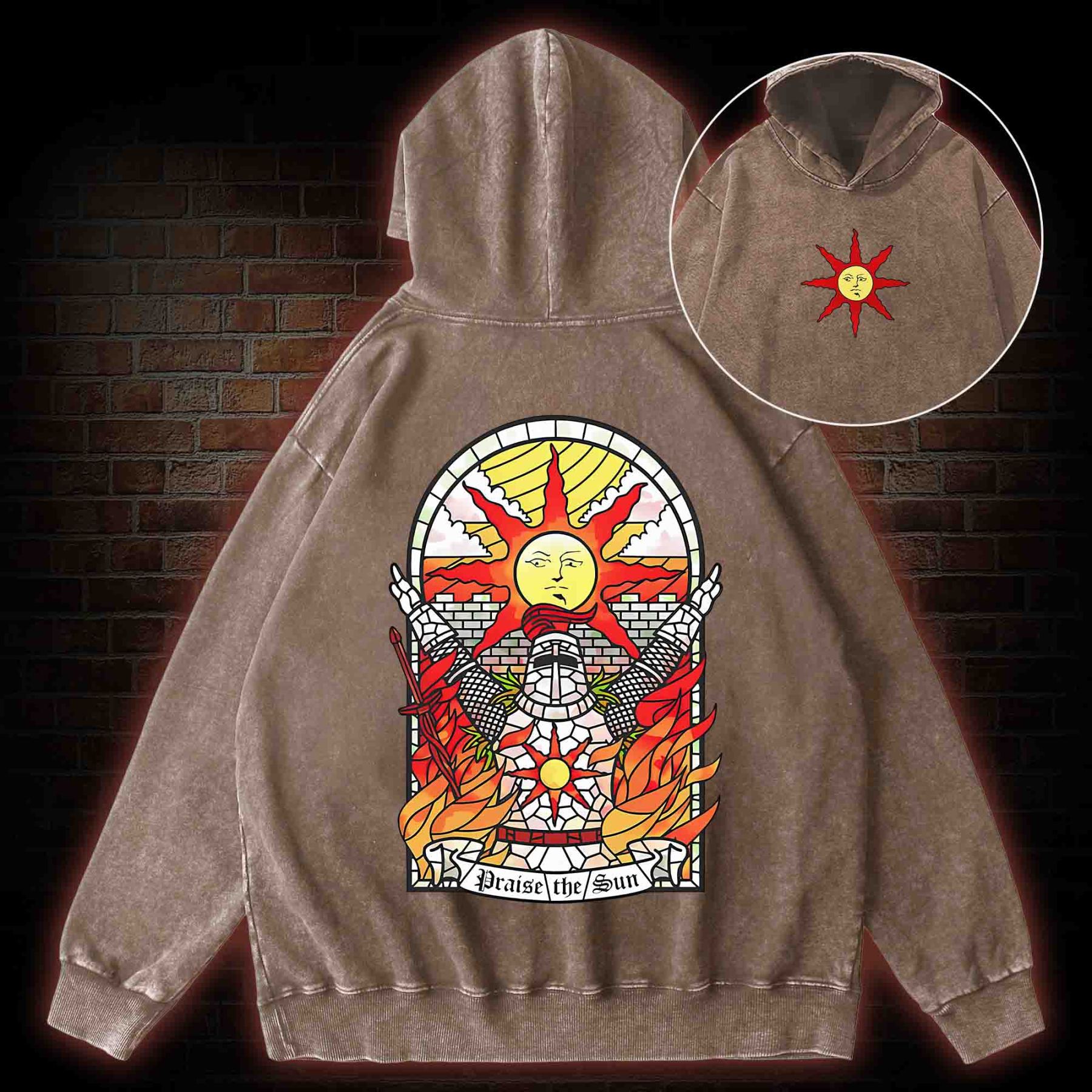 Praise the Sun Back Print Washed Hoodie